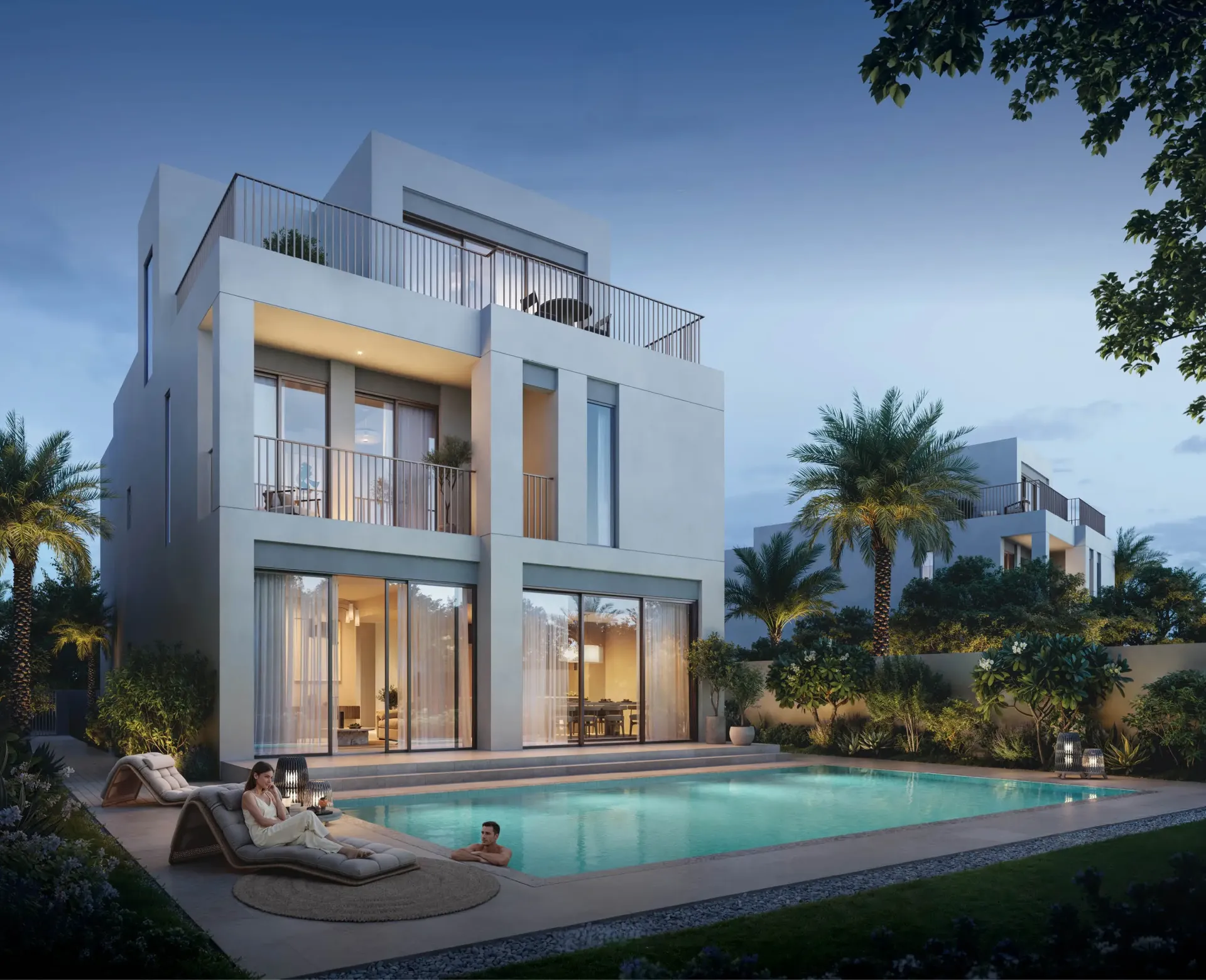 Serro 2 – balta vila su baseinu ir palmėmis sutemus