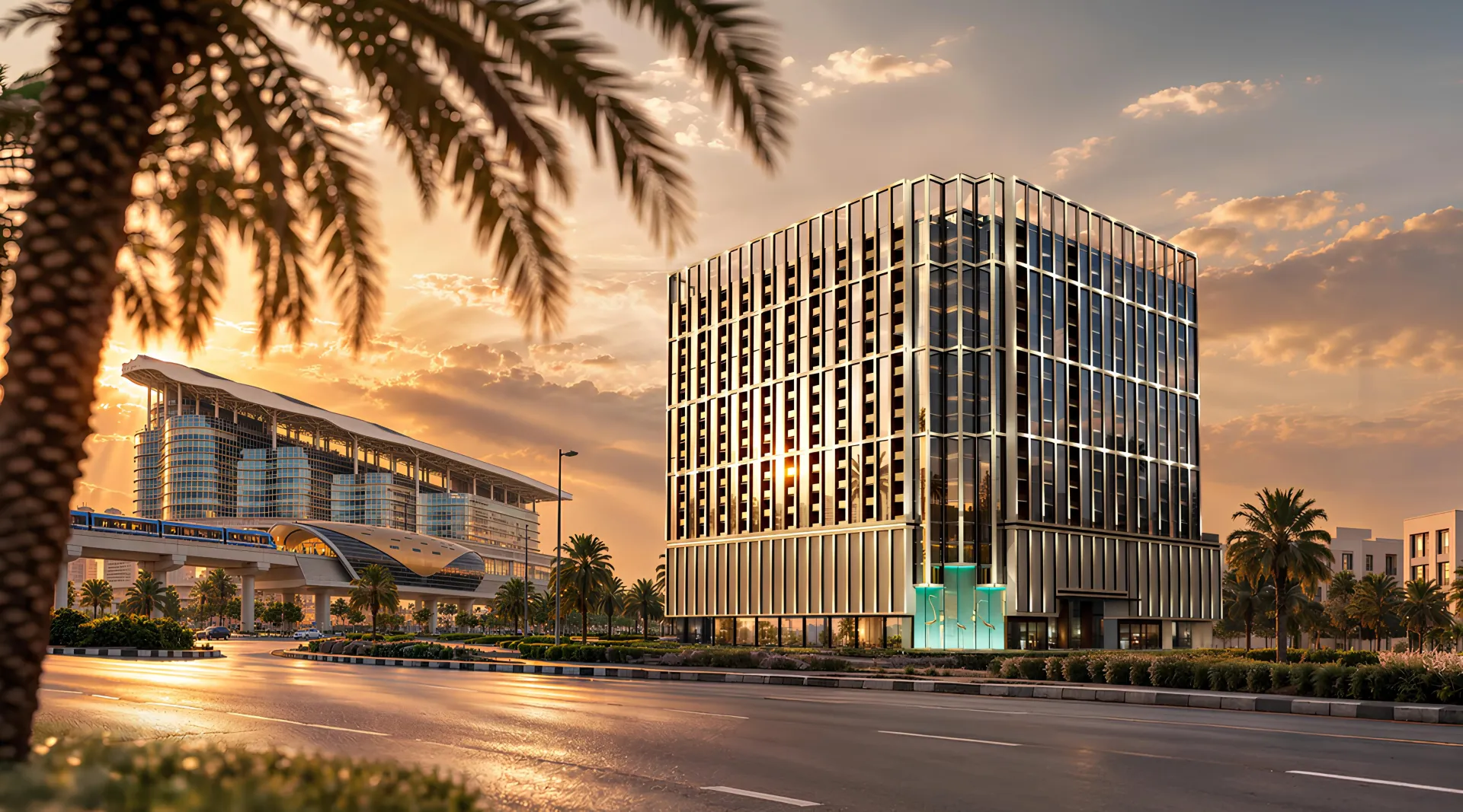 Binghatti Starfall – aukštas stiklinis bokštas saulėlydžio šviesoje su Burj Khalifa fone
