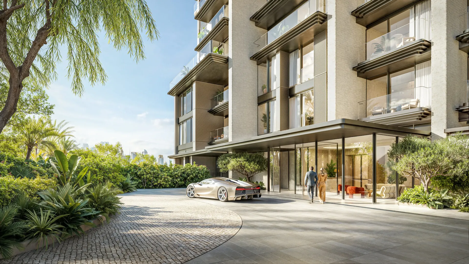 Solaya 4 – pastato įėjimas su apvaliu važiuojamuoju keliu ir žaluma