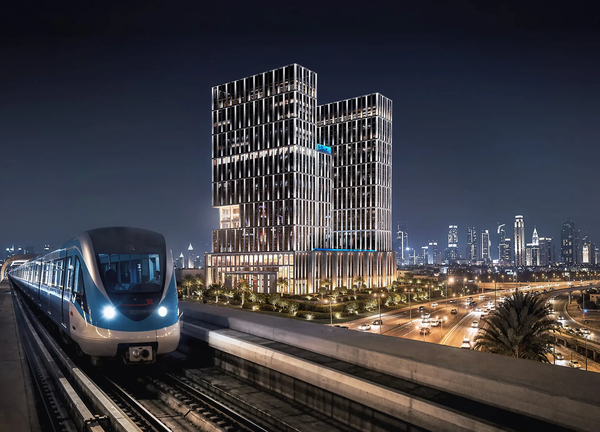 Binghatti Spectre – du stikliniai bokštai su metaliniu fasadu vakare, Burj Khalifa horizonte