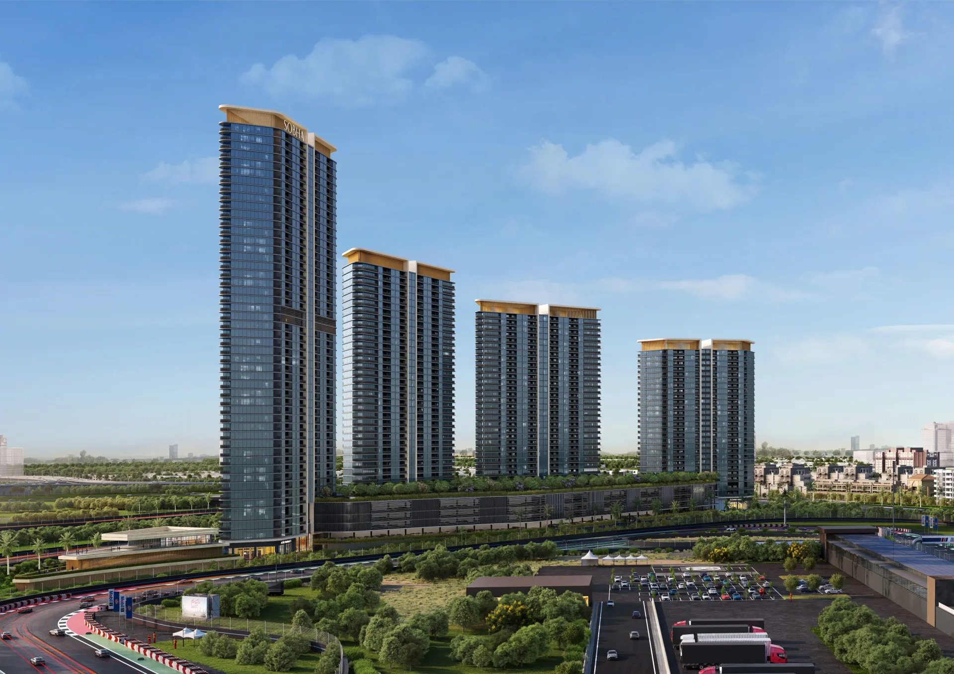 Sobha Solis – keturi gyvenamieji bokštai Dubai Motor City dienos šviesoje