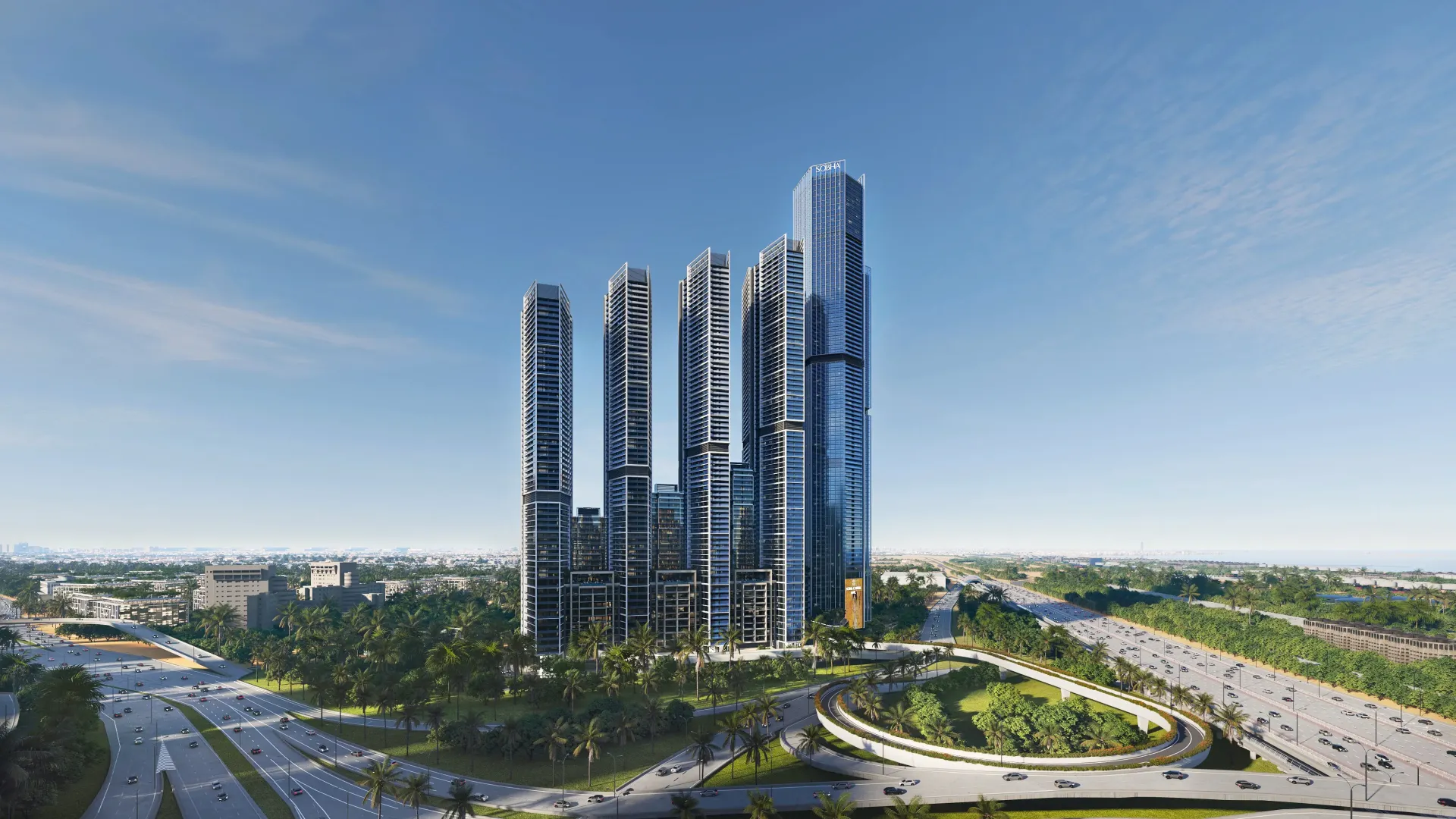 The Horizon at Sobha Central – aukšti Sobha bokštai iš paukščio skrydžio