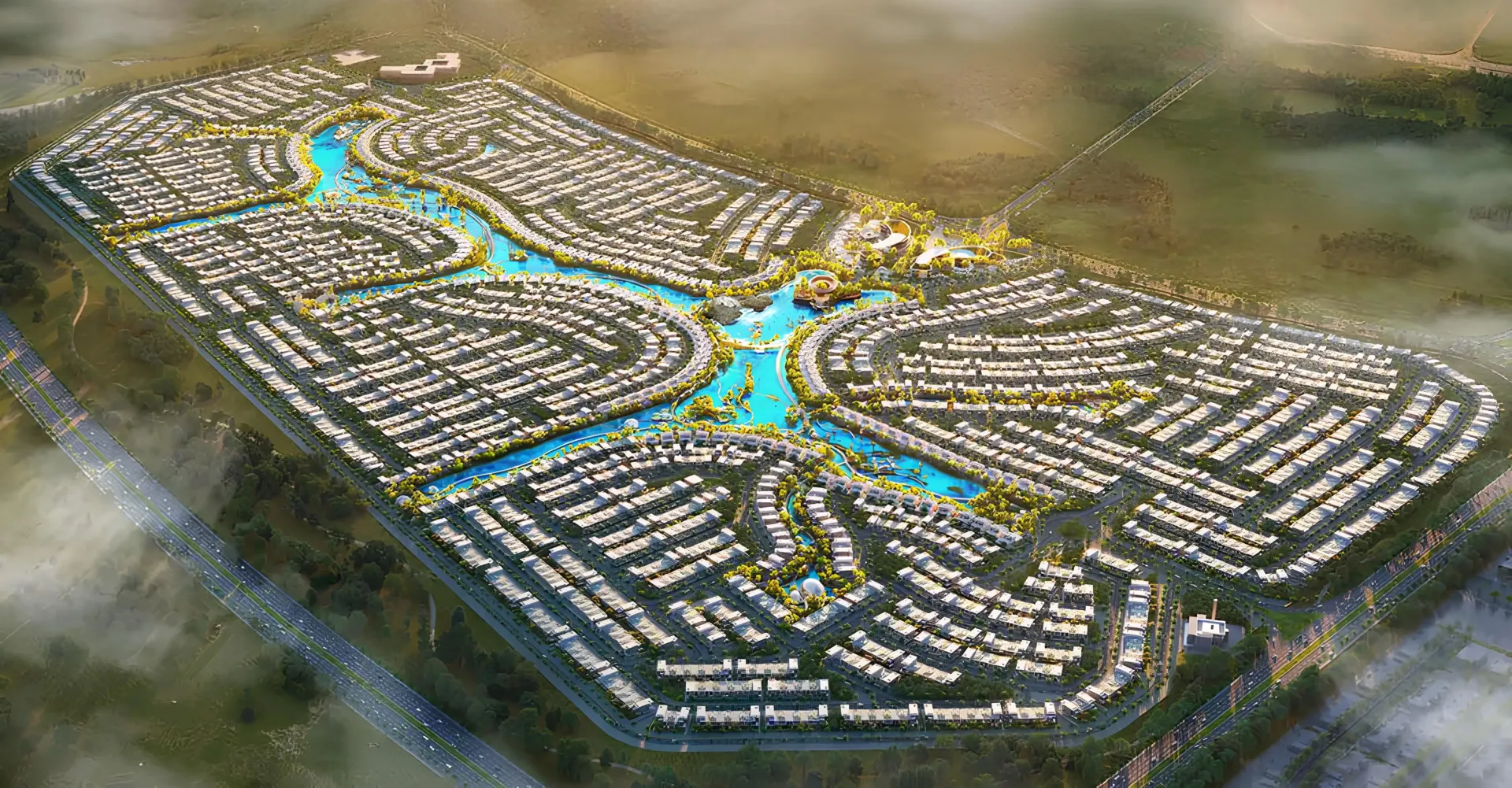 Damac Islands 2 – Cuba bendruomenės vaizdas iš viršaus su lagūnomis ir vilomis