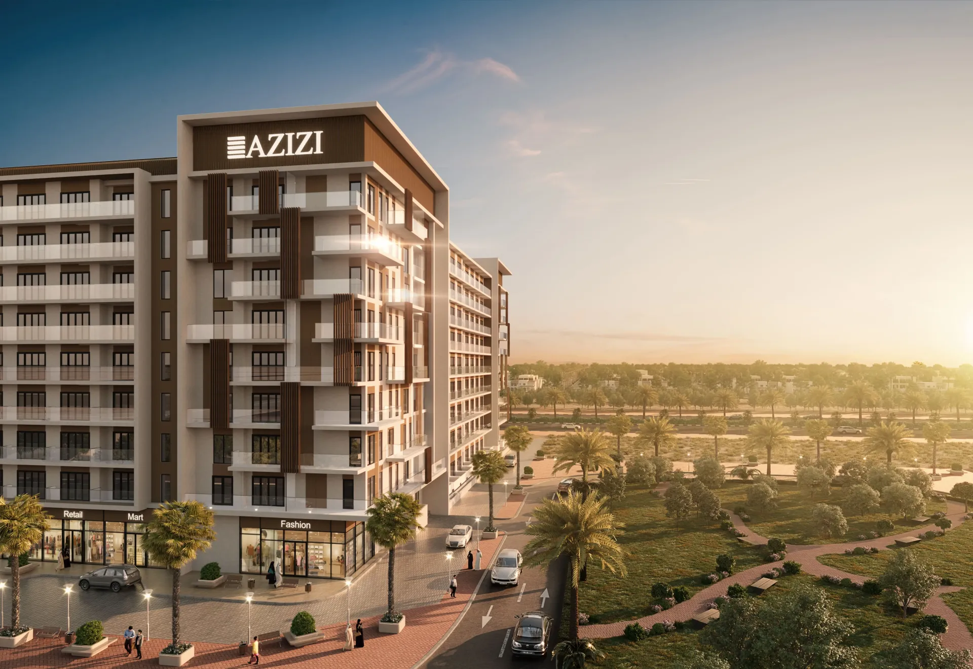 Beach Oasis 2 Tower B – pastatas su „Azizi“ ženklu saulėlydžio šviesoje