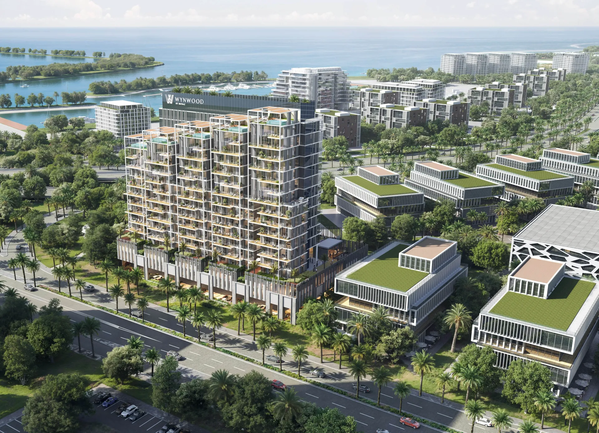 Wynwood – gyvenamasis pastatas su žaliais balkonais prie jūros Dubai Islands