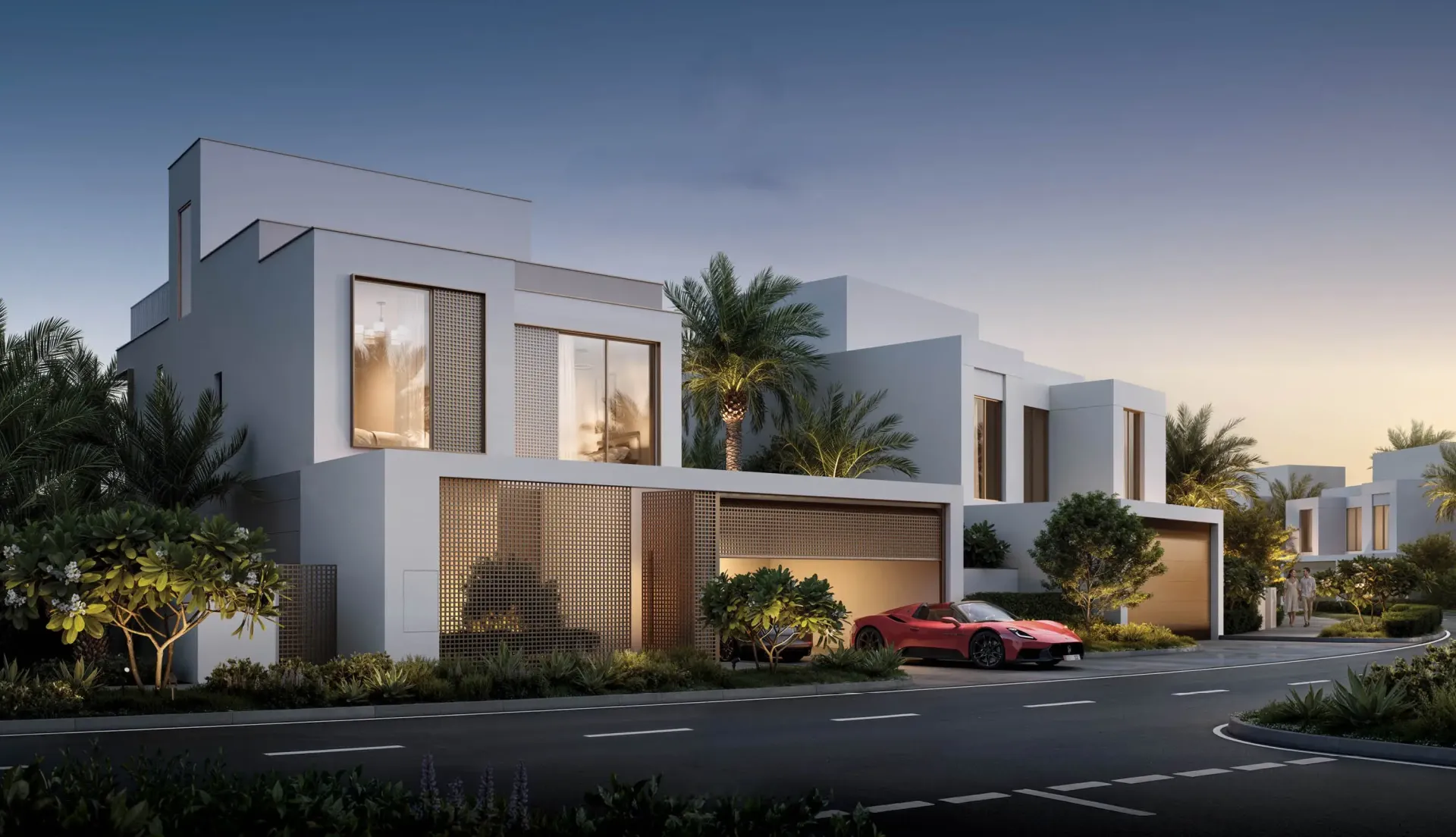 Serro – balta trijų aukštų vila su palmėmis ir terasa vakaro šviesoje