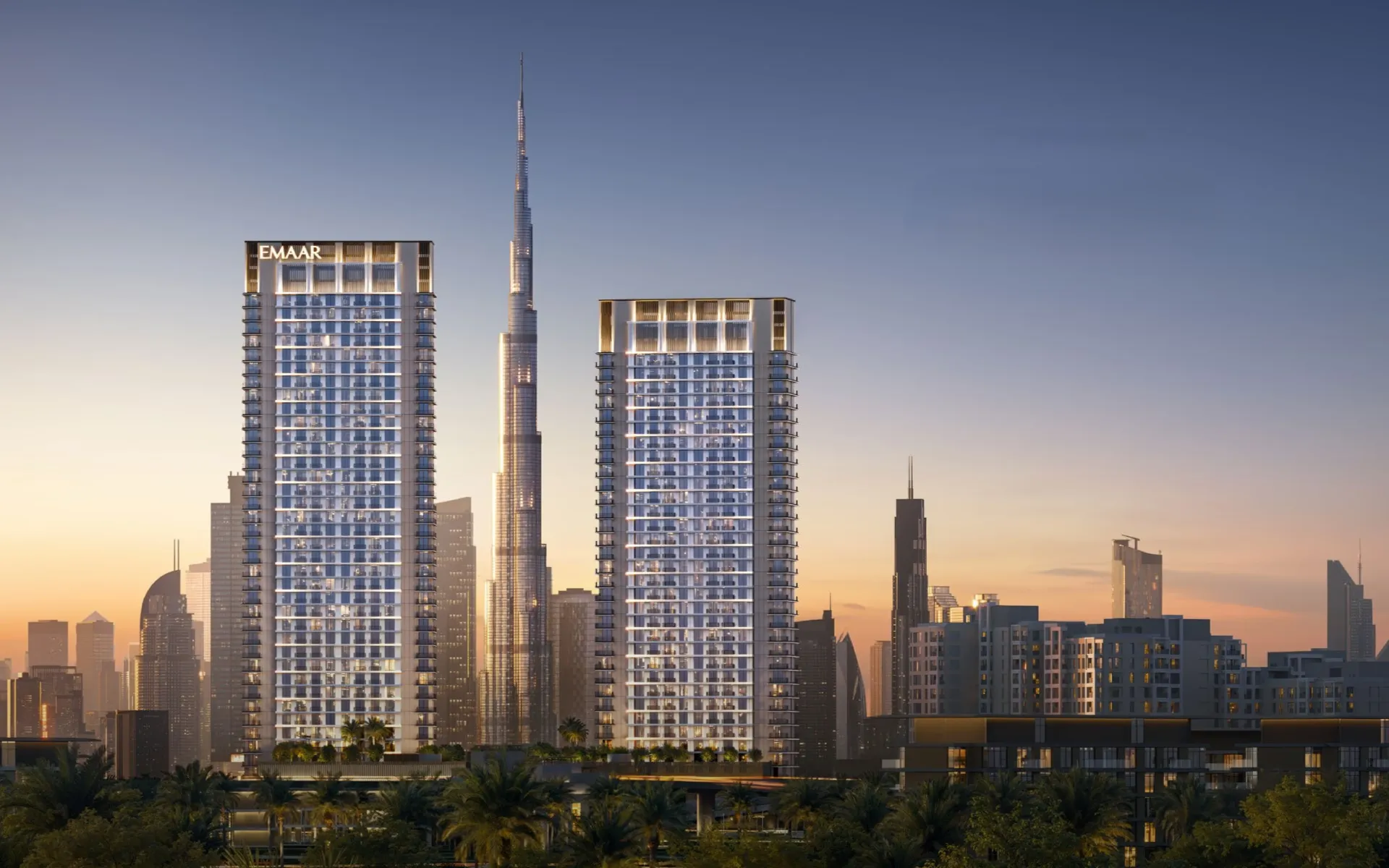 Creek Haven – du gyvenamieji bokštai su Burj Khalifa fone