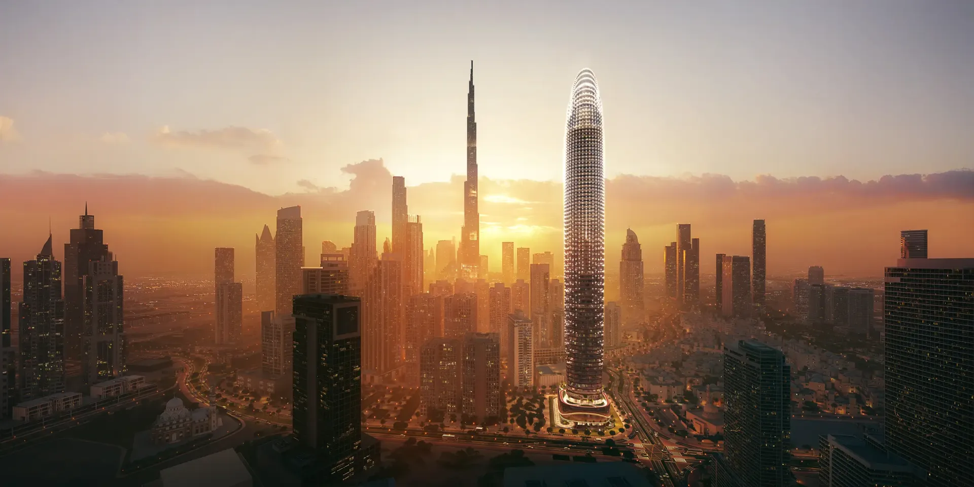 Binghatti Skyblade – apšviestas bokštas Downtown Dubai naktį