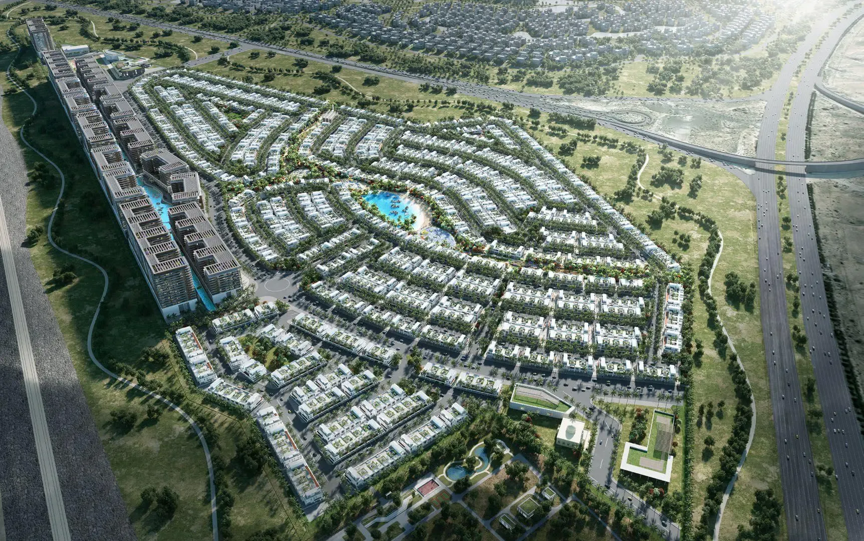 Riverside – Olive – miesto namų kvartalas Damac Riverside iš paukščio skrydžio