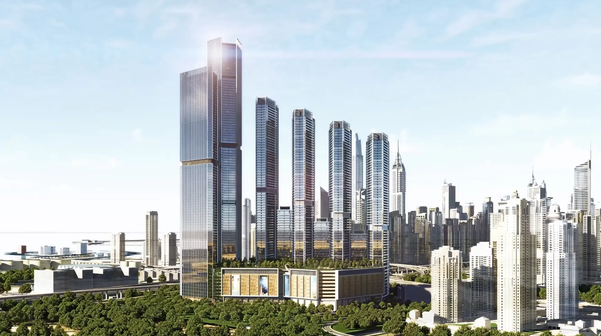 The Pinnacle at Sobha Central – aukšti stikliniai bokštai šalia jūros