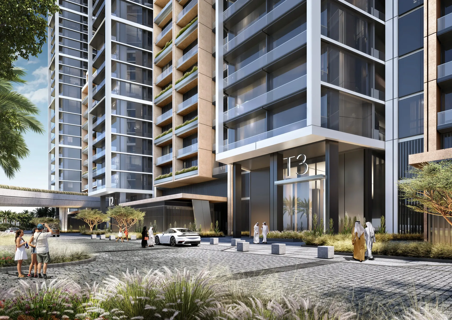 The Tranquil at Sobha Central – aukšti bokštai su stikliniais fasadais ir įėjimu