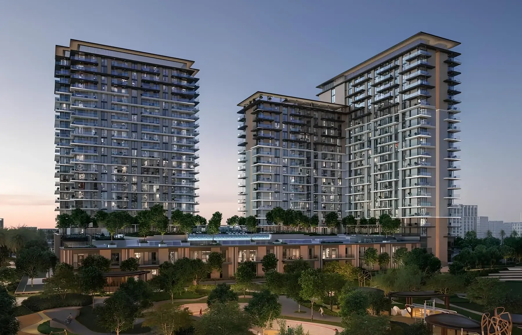 Vida Residences Hillside – du gyvenamieji bokštai su apželdintu podiumu prieblandoje
