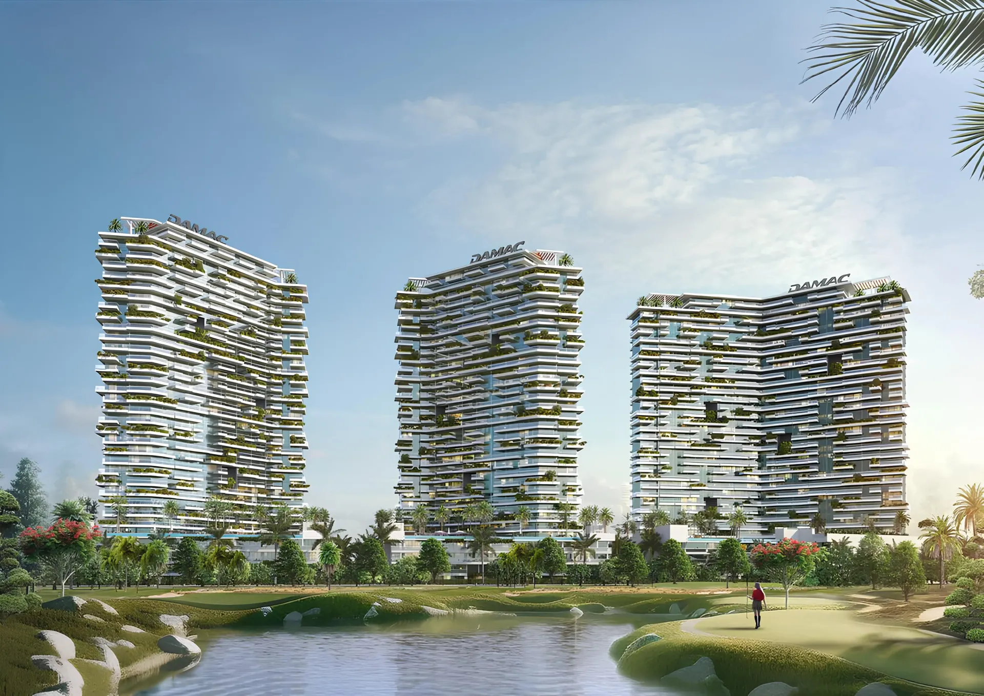Golf Greens 2B ir kiti DAMAC bokštai su žaliomis terasomis virš golfo lauko