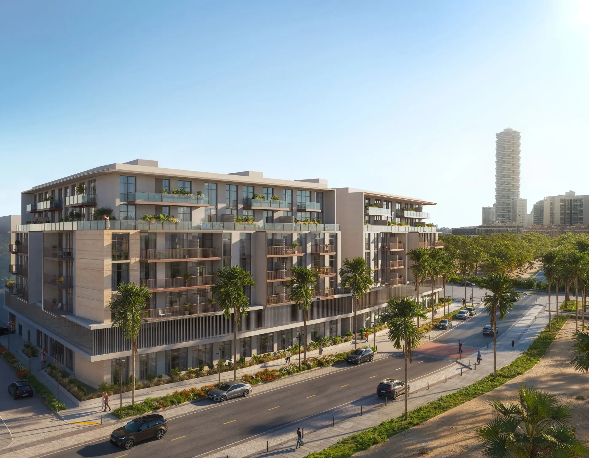 IR1DIAN PARK 2 – penkių aukštų gyvenamasis pastatas su palmėmis Jumeirah Village Circle