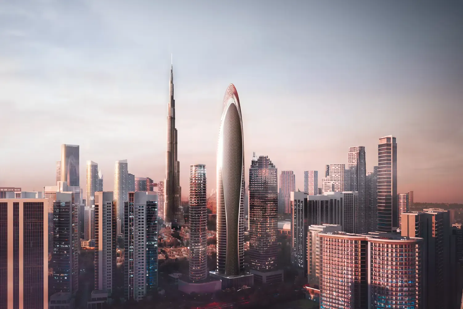 Mercedes-Benz Places by Binghatti – bokštas Downtown Dubai vakare