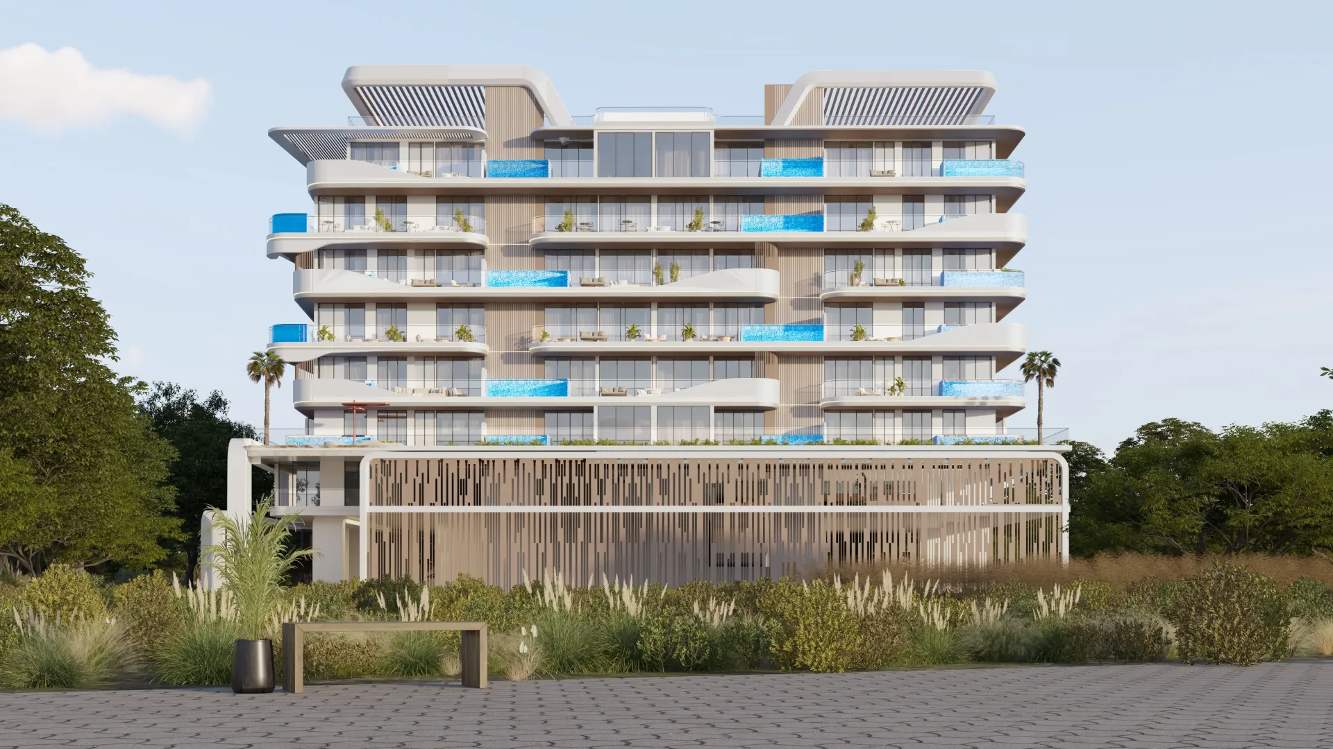 Ocean Pearl 2 by Samana – šešių aukštų pastatas su balkonais ir mėlynais baseinėliais