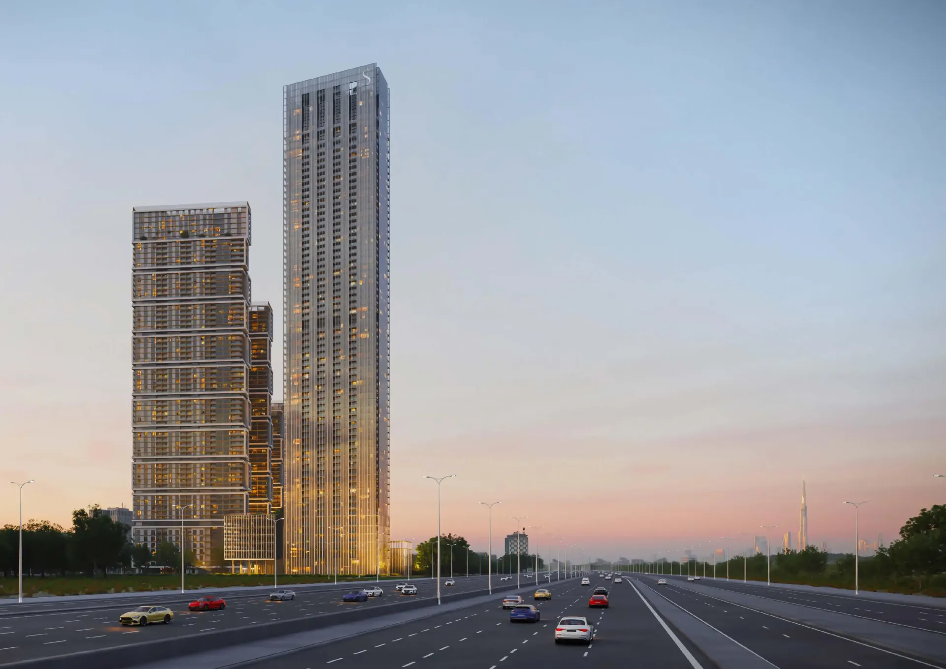 The Element at Sobha One – du aukšti gyvenamieji bokštai prie greitkelio saulėlydžio metu