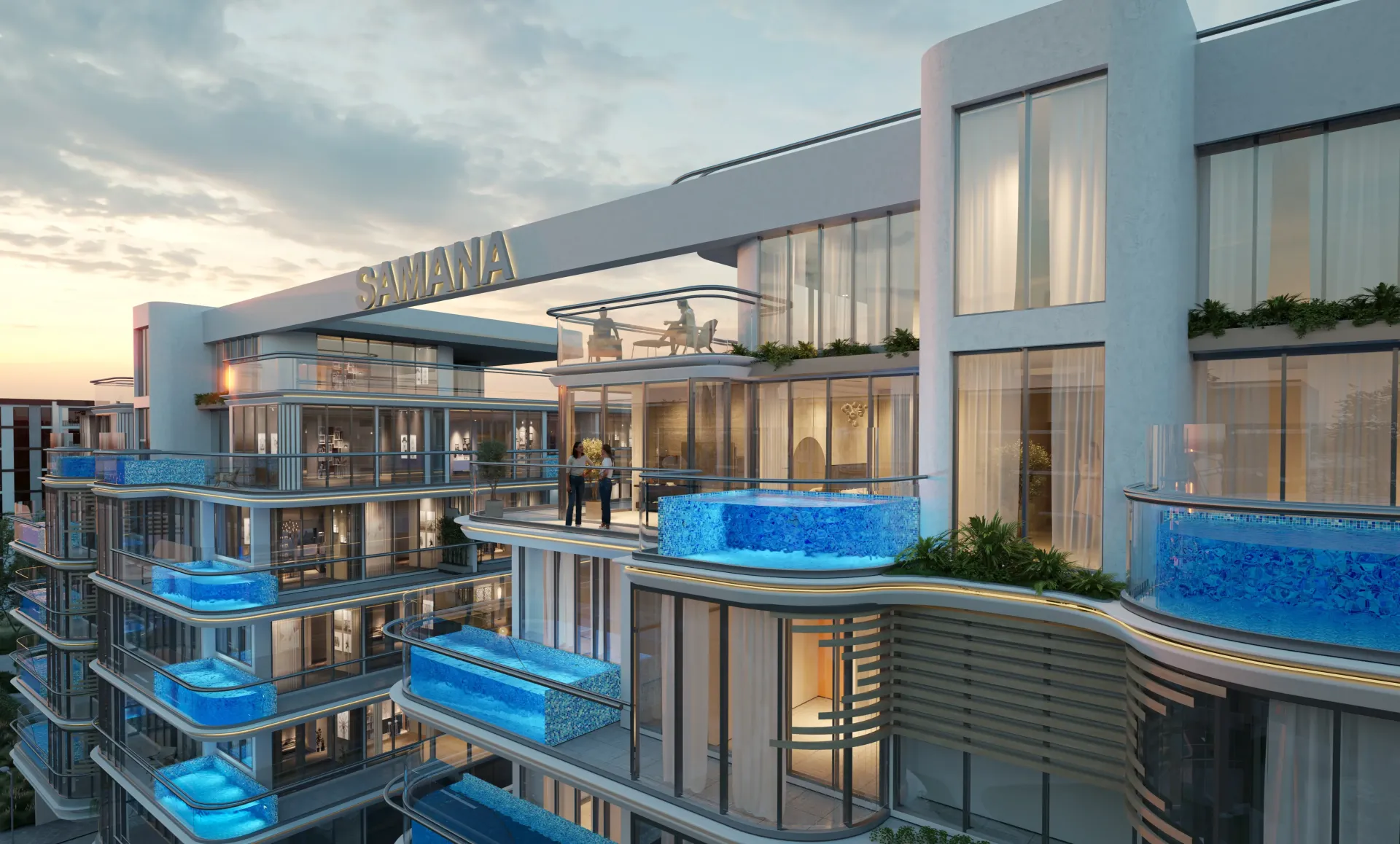 Samana Rome – pastato terasos su mėlynais balkono baseinais