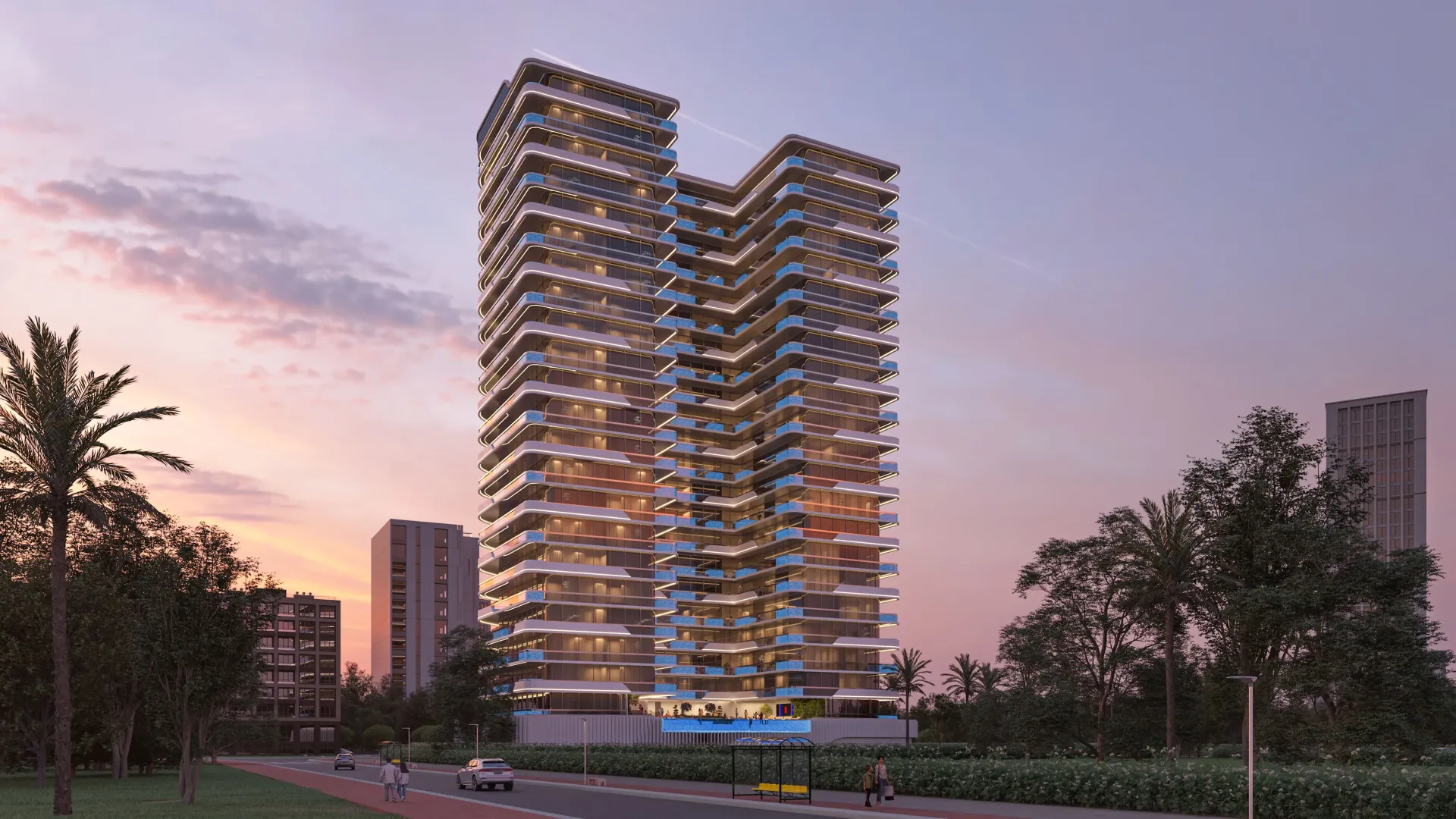 Parkville – du gyvenamieji bokštai su balkonais Dubailand rajone