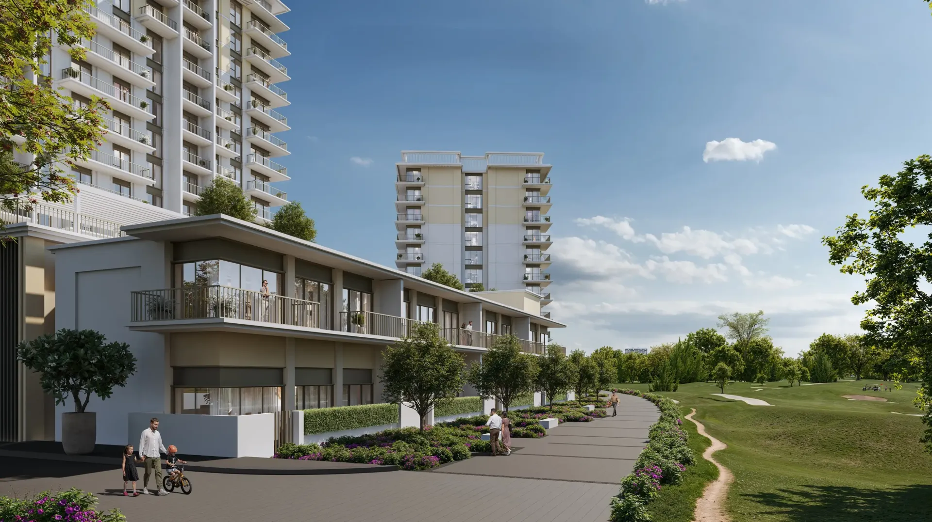 Golf Verge – žemo aukščio pastatai ir pėsčiųjų takas prie golfo aikštyno