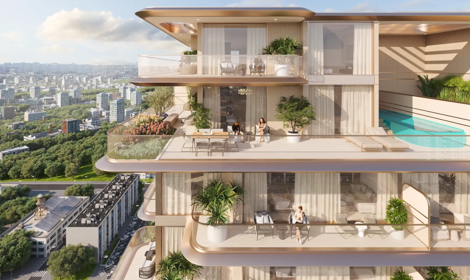One Park Square – aukštas bokštas su terasomis ir augalais Jumeirah Village Circle