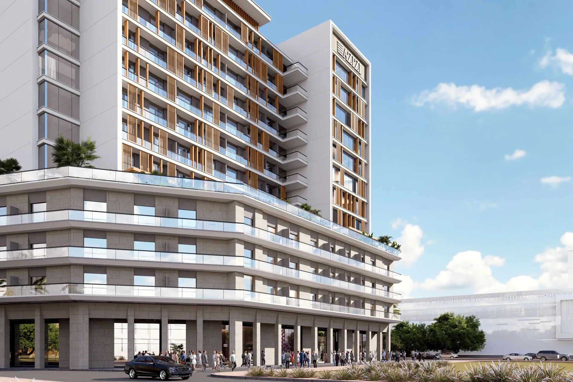 Azizi Lina – gyvenamasis pastatas su medžio apdailos balkonais Downtown Jebel Ali