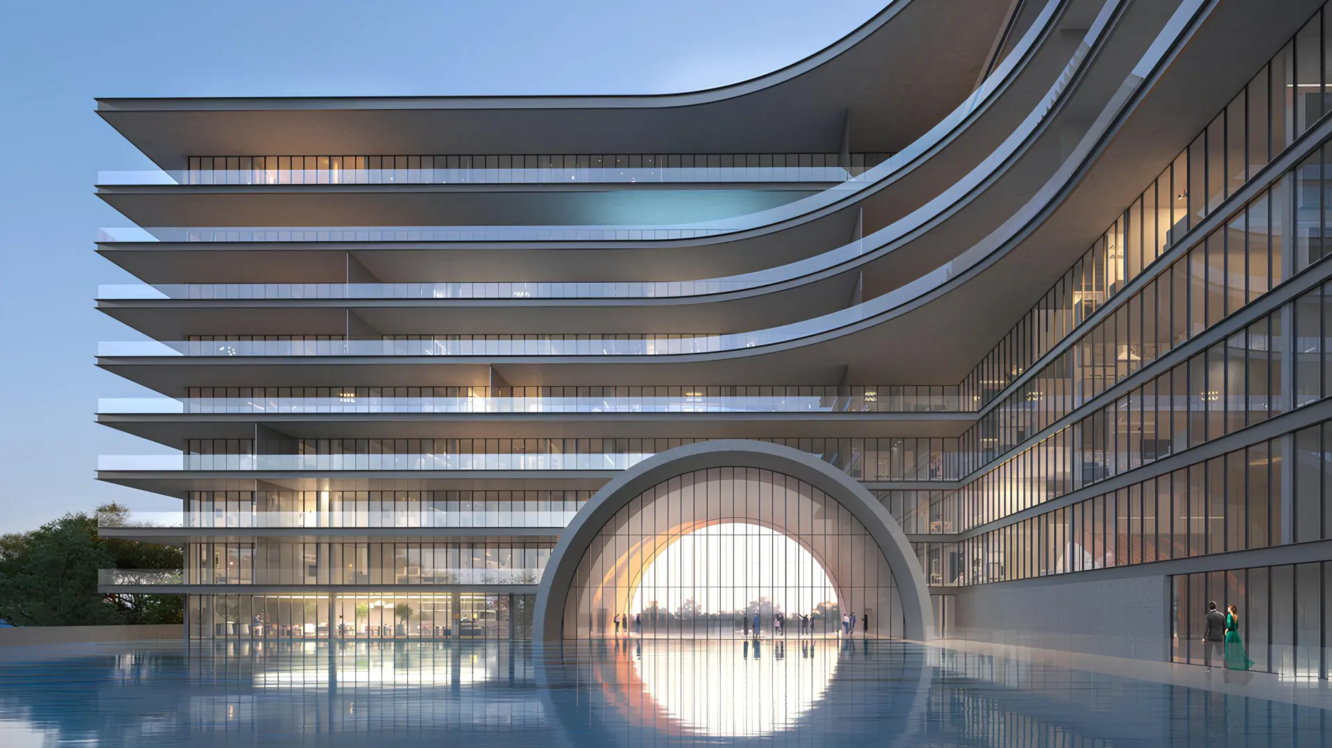 Armani Beach Residences – pastato terasos su stikliniais turėklais prieblandoje