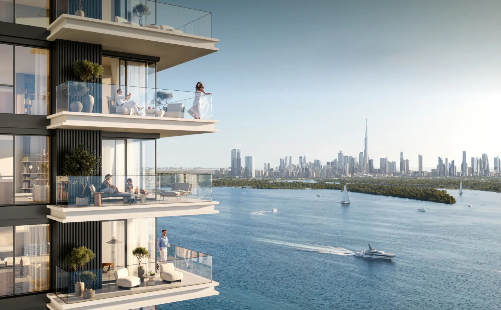 Creek Bay – du bokštai prie įlankos Dubai Creek Harbour su jachtomis