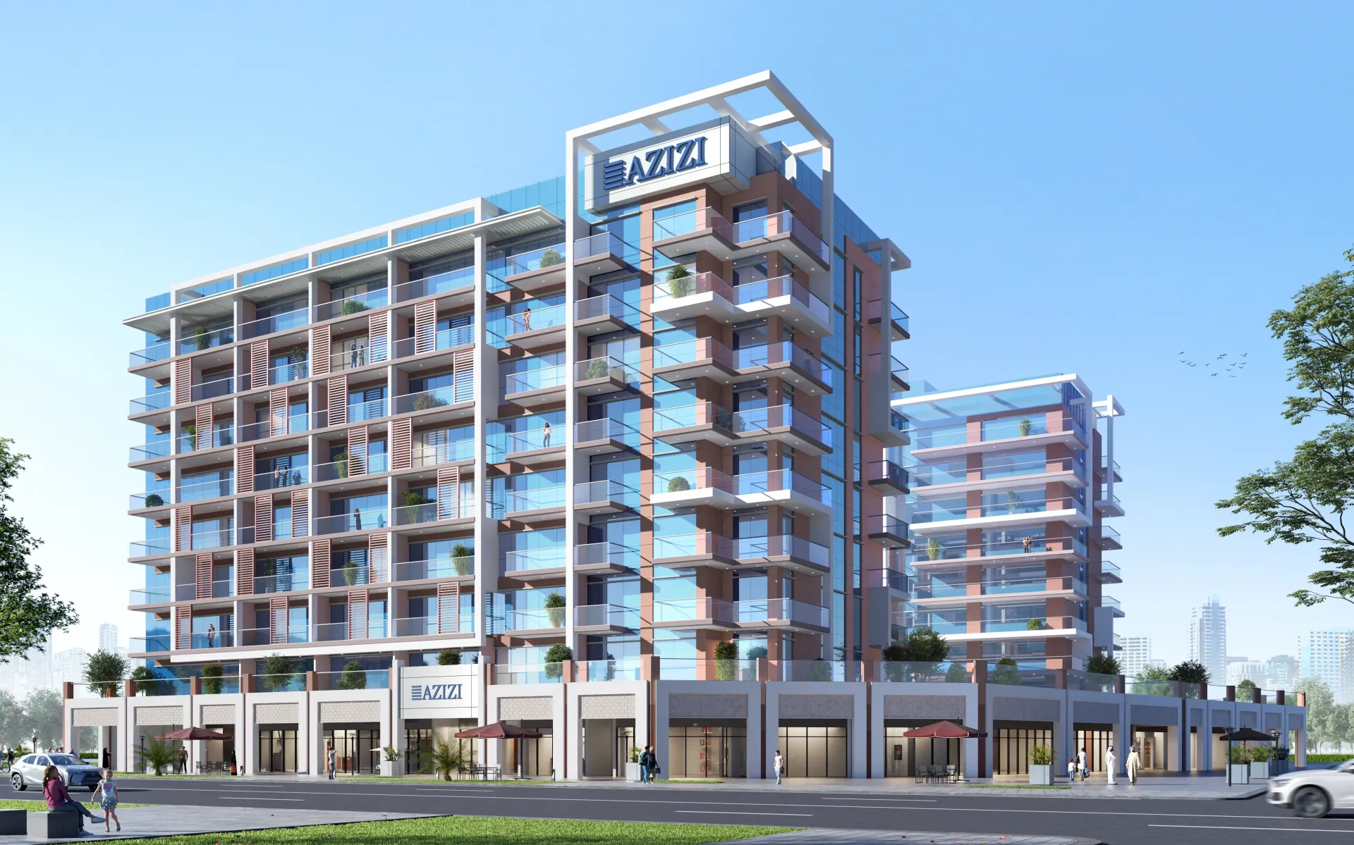 Riviera 60 – aštuonių aukštų pastatas su stikliniais balkonais ir Azizi užrašu