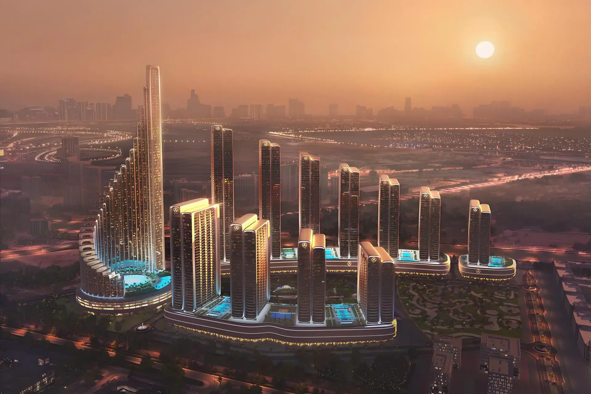 Mercedes-Benz Places – Binghatti City bokštai saulėlydžio šviesoje su Burj Khalifa fone