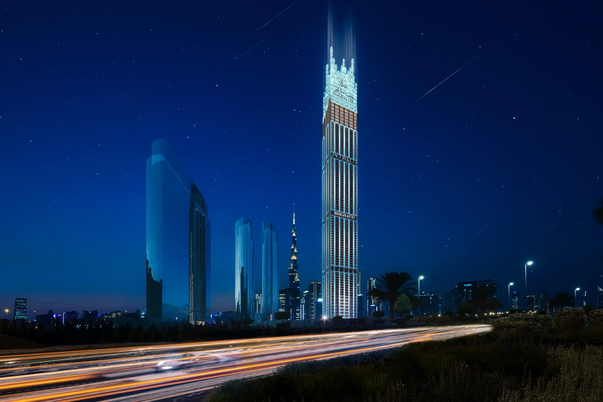 Burj Binghatti Jacob & Co Residences bokšto viršūnė su apšvietimu virš Business Bay naktį