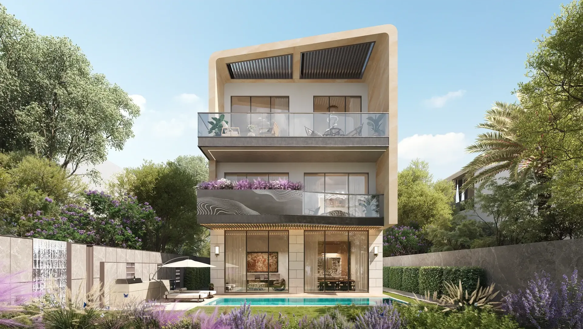 Knightsbridge Phase 2 – trijų aukštų vila su stikliniais balkonais ir auksiniais fasado akcentais
