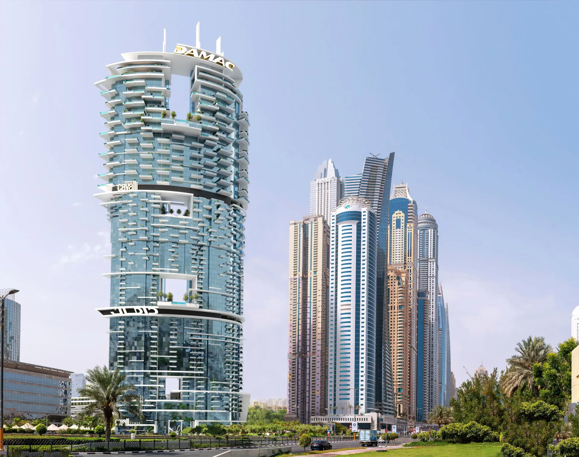 Cavalli Casa Tower by DAMAC – stiklinis gyvenamasis bokštas su DAMAC logotipu viršuje